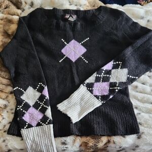 Y2K Womens Cropped Sweater with Purple & Gray Argyle Accent And Silver Sequins